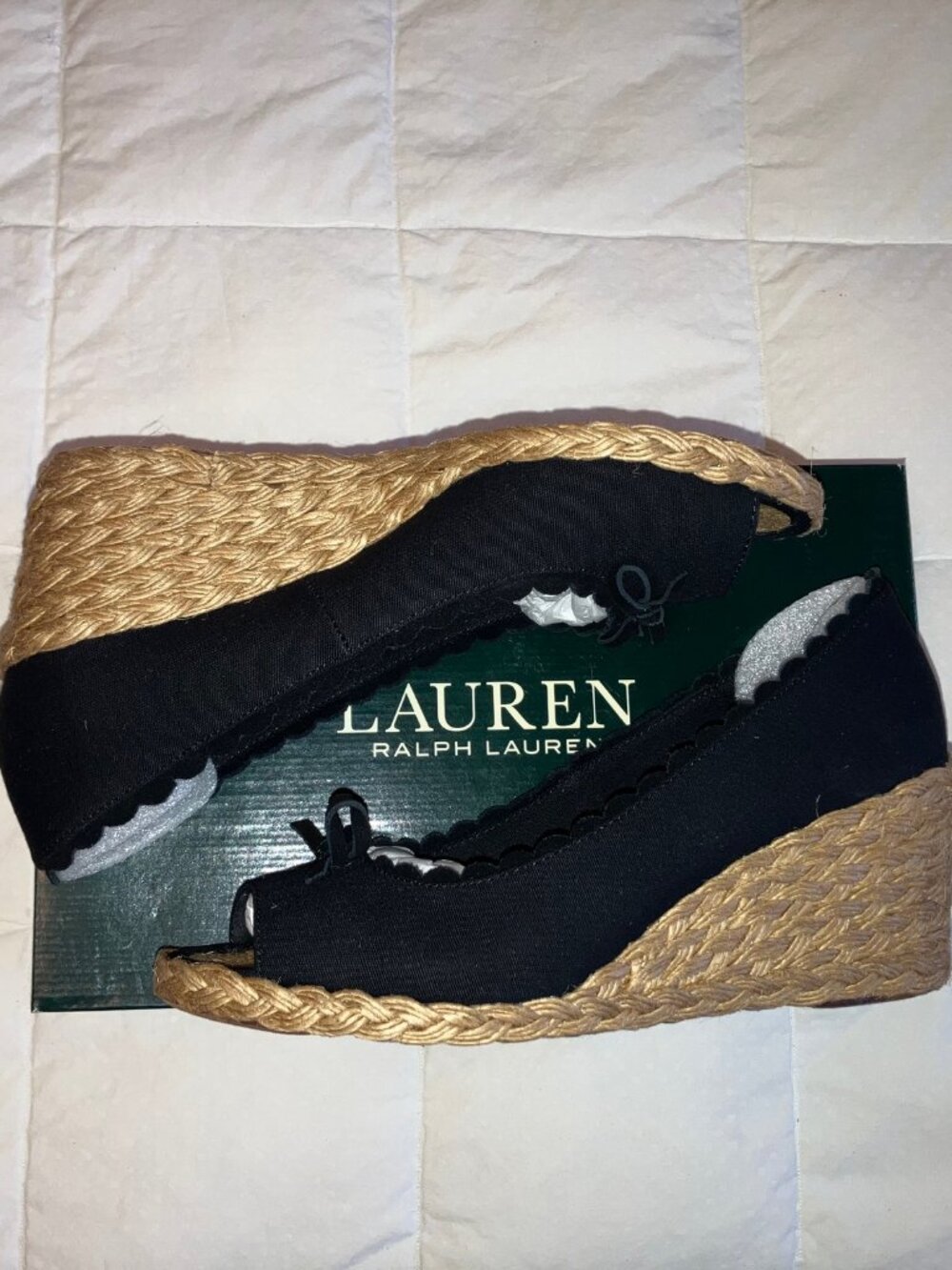 NIB Lauren Ralph Lauren Chaning Scallop Edge Bow Peep Toe Espadrille Wedge